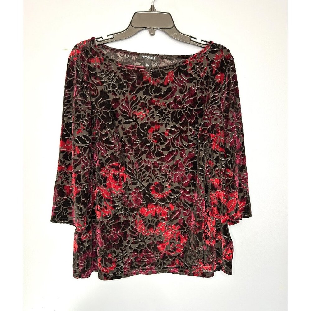 Roz & Ali Shirt XL Black Red Burnout Velvet Floral 3/4 Sleeve Top Whimsigoth